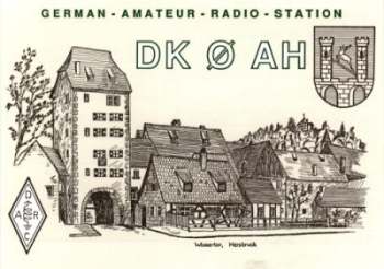 QSL Karte der Clubstation DK0AH; Abbildung: Wassertor, im Hintergrund der Michelsberg (OV Lokal)